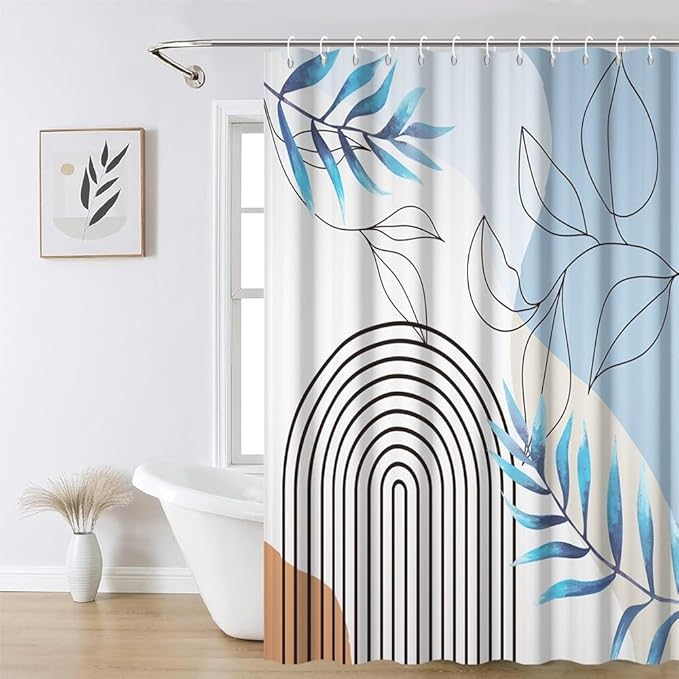 Bohemian Shower Curtain Set Blue Watercolor Eucalyptus Leaves Arch Abstract Stripes Bathtub Curtains Modern Minimalist Neutral Bathroom Decor Washable Waterproof Polyester Fabric with Hooks 69x70 Inch