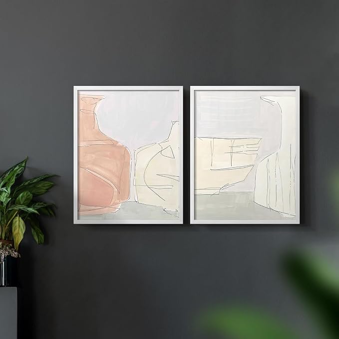 Renditions Gallery Set of 2 Peel & Stick Framed Prints, Neutral Abstract Wall Art, Soft Tones Delicate Linework Wall Decor, Re-Stickable - Ready to Hang - 16"x20" - White Frame LT588