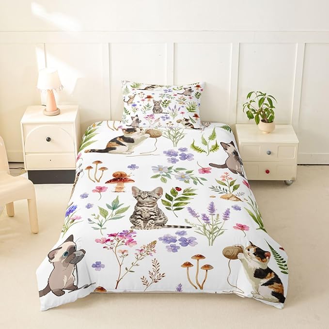 Erosebridal Cute Cat Bedding Set Twin Kitten Cat Lovers Duvet Cover Nature Watercolor Florals Comforter Cover for Kids Girls Boys Adults Pet Animals Bed Set
