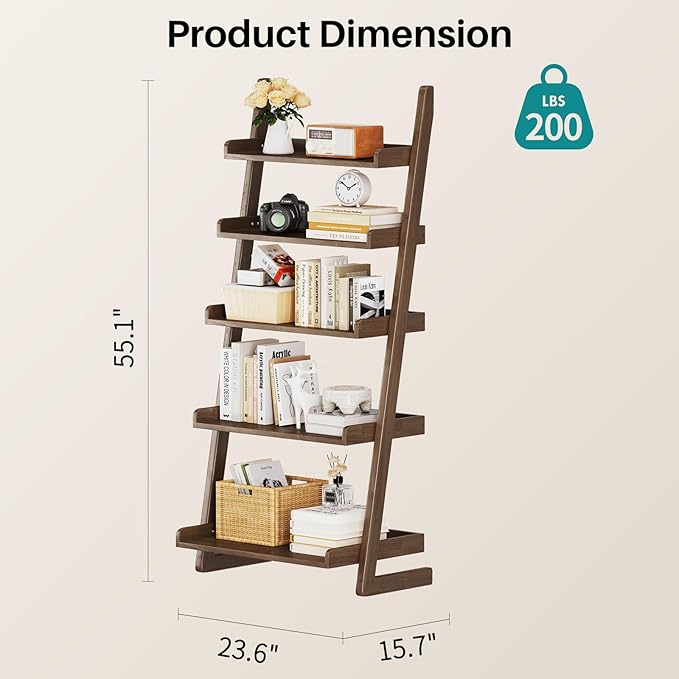 Walnut Wooden Ladder Shelf with Edges - 5 Tier Leaning Ladder Bookshelf Shelf Bookcase for Saving Space, Solid Wood Book Shelf for Living Room, Bedroom, Home Office, 23.6" Dx15.7 Wx55.1 H