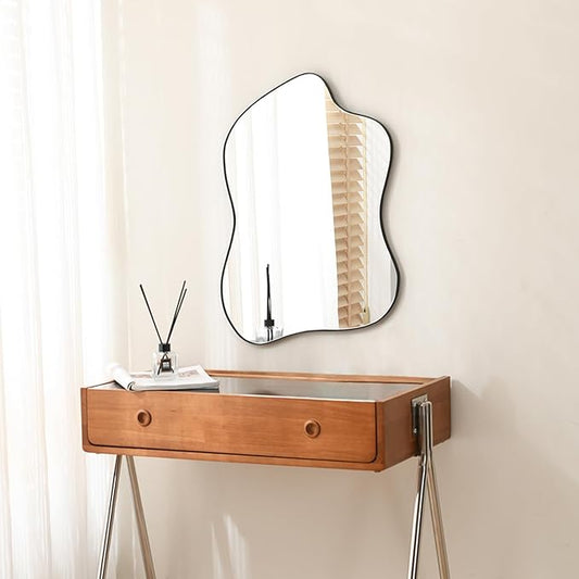 Irregular Wall Mirror Black Wave Shaped Metal Framed Wall Mirror for Bathroom Bedroom Entryway Living Room Wall Decor 24" L x 18" W 2305B