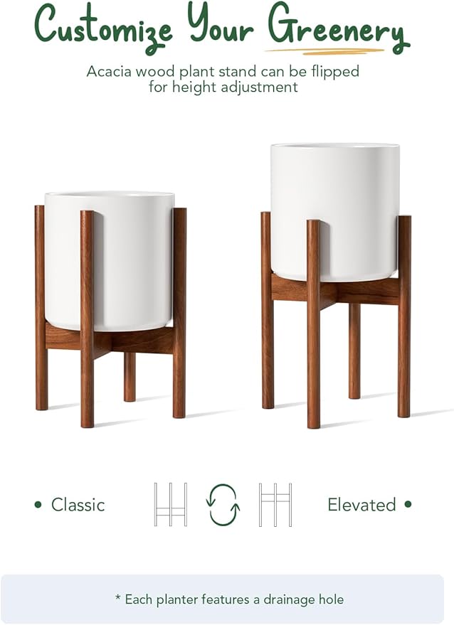 LE TAUCI 12 Inch Planter with Acacia Wood Stand, Large Ceramic Indoor Plant Pot with Drainage Hole & Plug, Mid Century Modern Plant Holder for Fiddle Leaf Fig, Monstera, Snake Plant, White