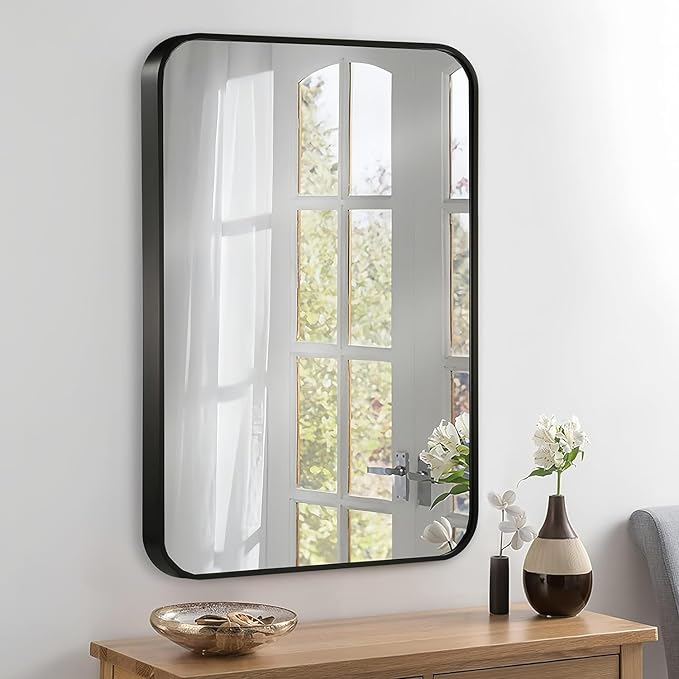 30x36 Inch Black Wall Mirror for Bathroom, Brushed Metal Framed Mirror with Rounded Corner, Rectangle Bathroom Vanity Mirror for Bedroom or Living Room, Horizontal/Vertical