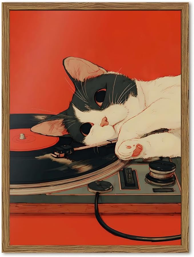 Cute Black and White Cat Wall Art Vintage Japanese Vinyl Record Wall Decor Painting, Retro Music Lover and Animal Poster Canvas Print Picture for Living Room Bedroom 12x16 inch Wood Framed