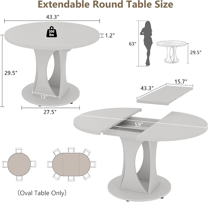 Einhomn 59" Extendable Round Dining Table for 6-8, Kitchen Table with Sturdy Double Arc Base & Backboard Clasp Desktop, Mid-Century Modern Dinner Table, Kitchen Dining Room, Space Saving, White