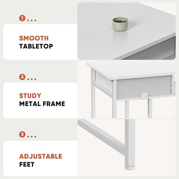 DUMOS 48" Small Computer Home Office Desk for Bedroom with Drawers, Gaming Writing Study Table with Storage Shelf, Adjustable Feet, Compact Desk for Gaming and Home Office Use, Metal Frame White