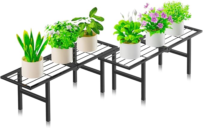 2 Pack 1 Tier Plant Stand Indoor Outdoor- Foldable Metal Plant Shelf, 8.7" Narrow Space-Saving Design for Multiple Plants, Modern Flower Pot Holder Display for Garden Patio Balcony, Black