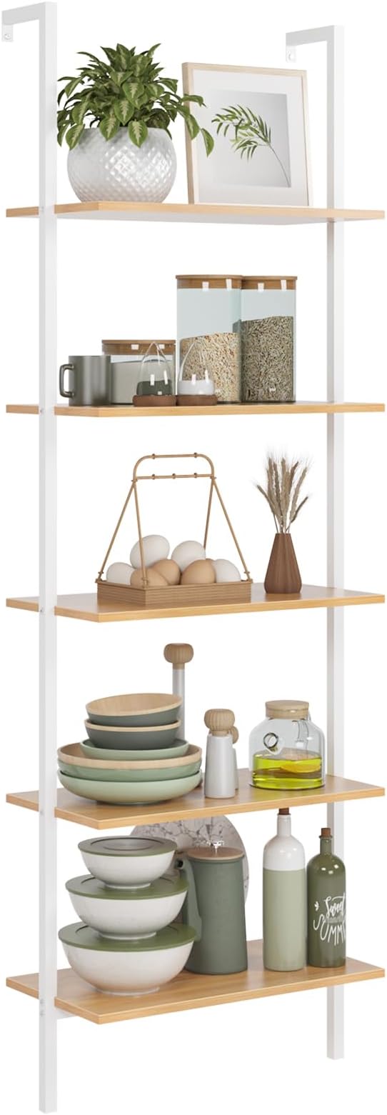 DlandHome Industrial Wall Mounted Shelves 5-Tier Ladder Shelves Bookcase Open Display Shelves with Metal Frame，Teak