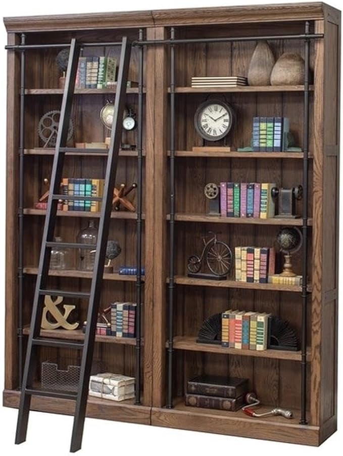 Martin Furniture 80" Traditional Wood Bookcase Wall with Ladder in Brown