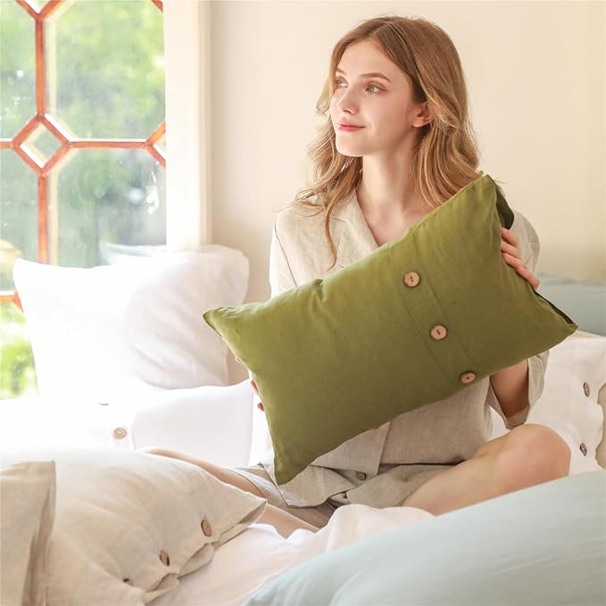Simple&Opulence 100% Linen Lumbar Pillow Cover 12 x 20 Inch Set of 2 Rectangular Decorative Pillow Cover with Vintage Triple Coconut Button for Couch Sofa Bed Living Room Office Décor - Olive Green