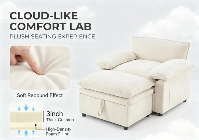 Furnimart Oversized Accent Chair with Storage Ottoman, Super Plush Cloud Chair, Chunky Cushion Chenille Chaise Lounge for Living Room Bedroom Reading Nook, Beige
