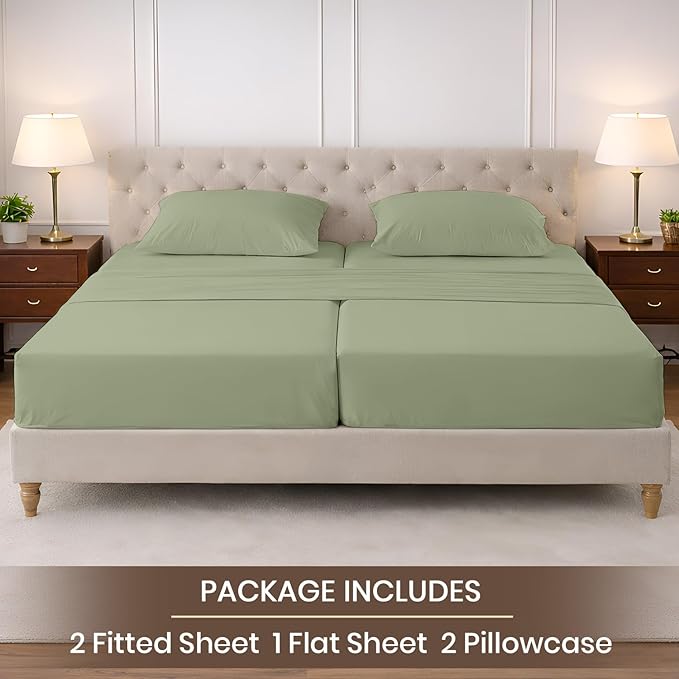 SGI Split King Sheet Set for Adjustable Bed Egyptian Premium Cotton 600 Thread Count Sheets for Sleep Number Bed 15" Deep Pocket 5 Pc Set with 2 Twin XL Fitted Sheets Soft Breathable -Moss