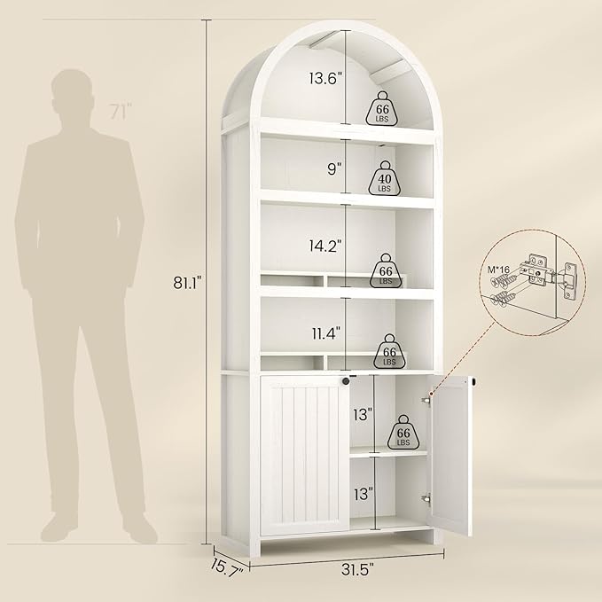 81" Tall Arched Cabinets,Bookcase with storage,Mid-Century Modern 6-Tier Bookshelf with Door,2 Book Risers and Adjustable Shelves give more storage space for Living Room,Home Office Antique White