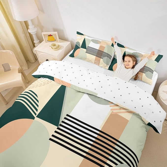 Erosebridal Green Abstract Duvet Cover Full Size for Kids Teens Girls | Colorful Geometric Comforter Cover Minimalist Circle Modern Bedding Set Boho Contemporary Aesthetic Bed Set