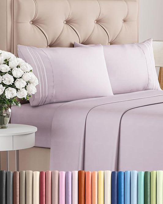 Cal King Size 4 Piece Sheet Set - Comfy Breathable & Cooling Sheets - Hotel Luxury Bed Sheets for Women & Men - Deep Pockets, Easy-Fit, Soft & Wrinkle Free Sheets - Light Lavender Oeko-Tex Bed Sheets