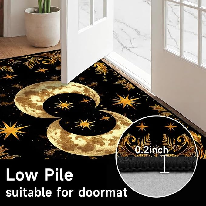 Sun Moon Star Area Rug 4'x6' Golden Boho Carpet Non-Slip Washable Low Pile Floor Mat for Bedroom Living Room Nursery Playroom Classroom Home Decor