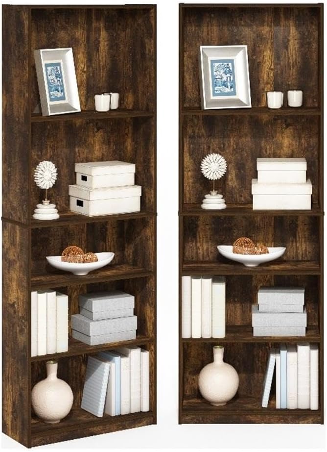 Furinno Jaya Book Shelf Set of 2, 5-Tier Bookshelf, Bookcase, with Adjustable Shelf, 9.5 x 24.5 x 71, for Home Office, Living Room, Amber Pine
