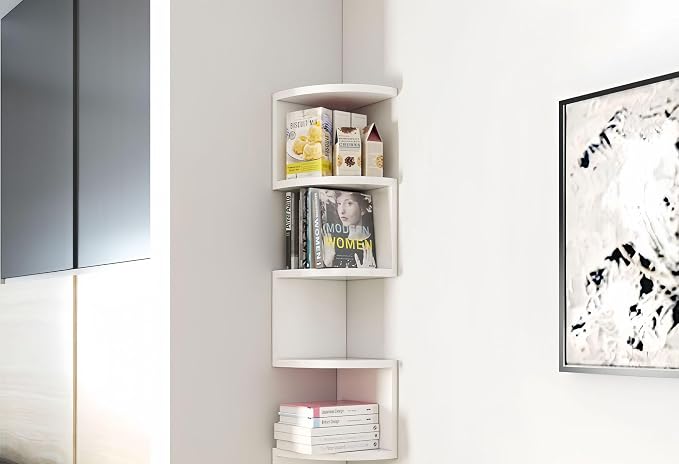 No-Drill Corner Shelf Wall Mount, 5-Tier Floating Corner Bookshelf with Hooks, Space-Saving Zigzag Plant Shelf for Bedroom, Living Room, Bathroom, Home Office