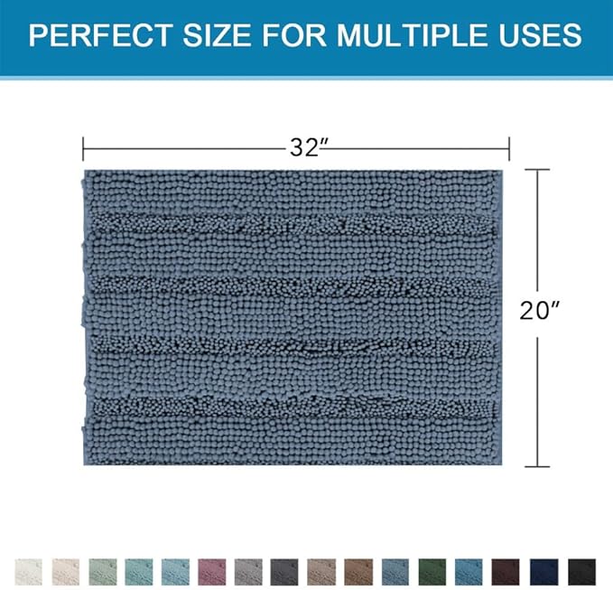 H.VERSAILTEX Bath Mats for Bathroom Non Slip Thick Chenille Striped Bath Rug Absorbent Fluffy Soft Shaggy Rugs Washable Dry Fast Plush Mats for Indoor, Bath Room, Tub - 20" x 32", Blue Indigo