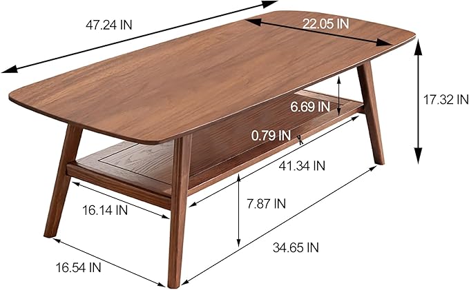 100% Solid Wood 2-Tier Coffee Table with Open Storage, Easy Assembly Center Table for Living Room, Walnut Finish with Side Table Function, Mid Century Modern Style (47.24" Solid Wood Table)
