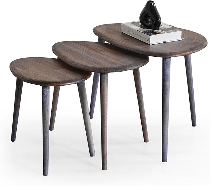 Solid Wood Nesting Coffee Table Set of 3 - Mid Century Modern Pebble Tables with Tapered Legs – Wooden Home Furniture in a Retro Style (Anthracite)