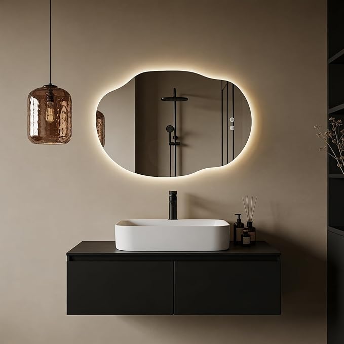 Asymmetrical Bathroom Mirror with Lights, Irregular LED Backlit Vanity Mirror, 31" H x 22" W, Anti-Fog, Dimmable Lighting with 3 Color Temperature, Memory, Hardwired, Vertical or Horizontal Mount