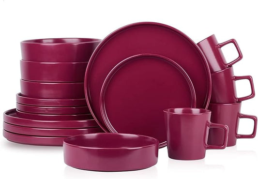 Stone Lain Cleo Stoneware 16-Piece Modern Dinnerware Set, Plates and Bowls, Magenta, Service for 4, Microwave & Dishwasher Safe