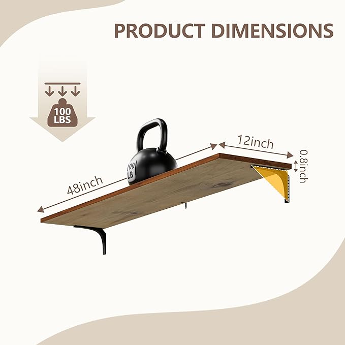 Wall Shelves 12x48 Inch Floating Wood Shelving for Living Room, Kitchen, Bedroom Office - Rustic Walnut Farmhouse 3-Pack, Heavy Duty 100 lbs, Easy Install