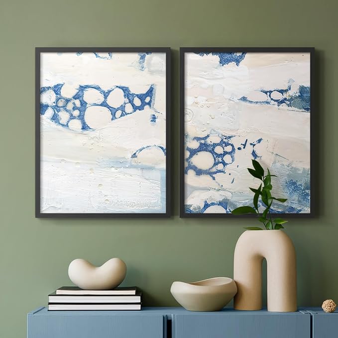 Renditions Gallery Set of 2 Peel & Stick Framed Prints, Textured Abstract Wall Art, Beach Themed Bubble Design Wall Decor, Re-Stickable - Ready to Hang - 16"x20" - Black Frame LT588