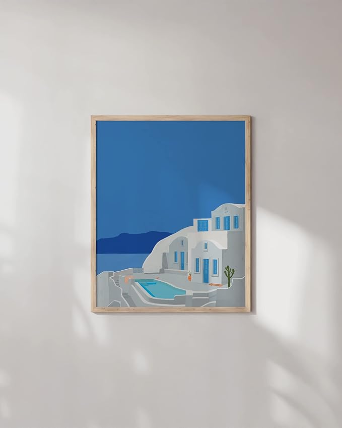 HAUS AND HUES Greece Poster - Travel Print, Mediterranean Scenic City Art, European Wall Decor (Beige Frame, 16x20)
