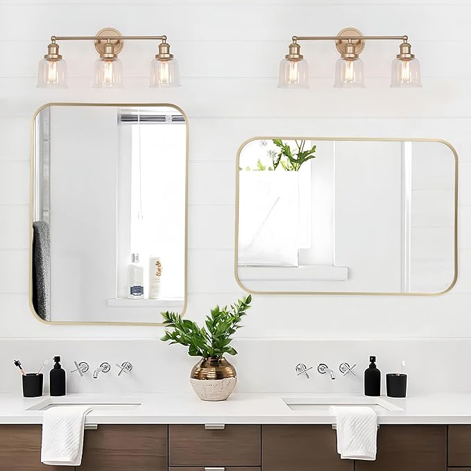 Gold Mirror, 24x32 Inch Gold Rectangle Mirror, Aluminum Alloy Framed Vanity Mirror, Rounded Rectangle Bathroom Mirror for Over Sink, Anti-Rust Wall Mirror (Horizontally or Vertically)