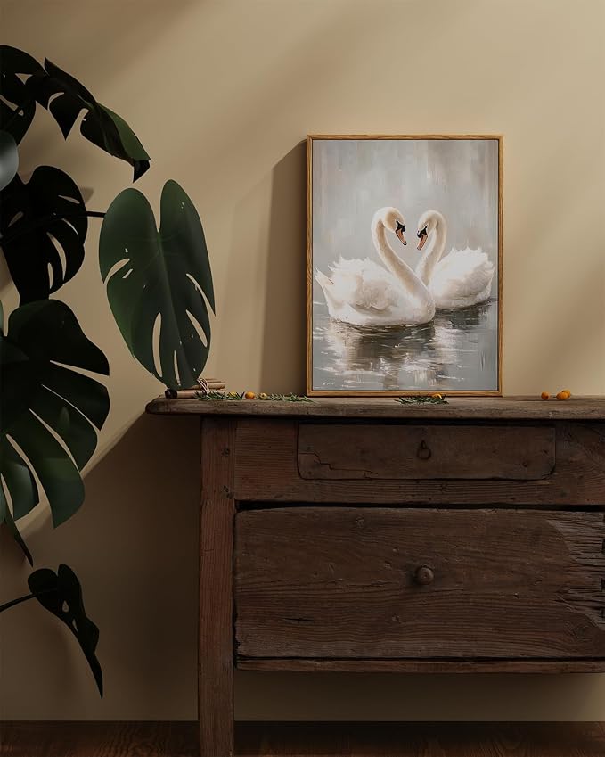 ARPEOTCY Vintage Framed Canvas Wall Art, Vintage Grace Swan Wall Art for Living Room Bedroom Office, Classial Retro Swan Framed Poster Bathroom Decor Aesthetic, 12x16 Inch
