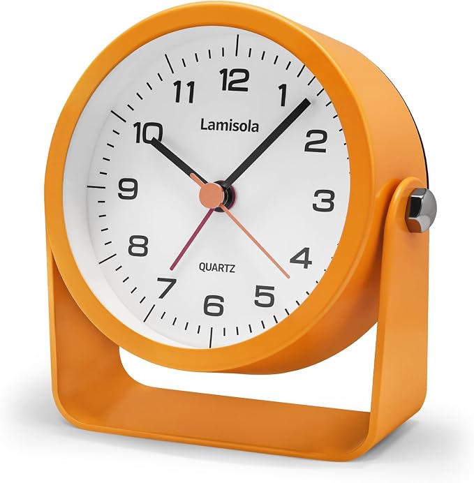 Lamisola 3.5 Inch Small Desk Alarm Clock, Battery Operated Analog Silent Clock with Night Light, Retro Vintage Metal Bedside Clock for Bedroom, Office, Bathroom, Dorm, Shelf, Table - Orange