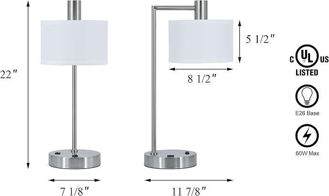 XiNBEi Lighting Table Lamp USB Desk Lamp with Fabric Shade, Modern Bedside Iron Lamp Brushed Nickel Finish for Bedroom Living Room & Office XB-TL1230-BN