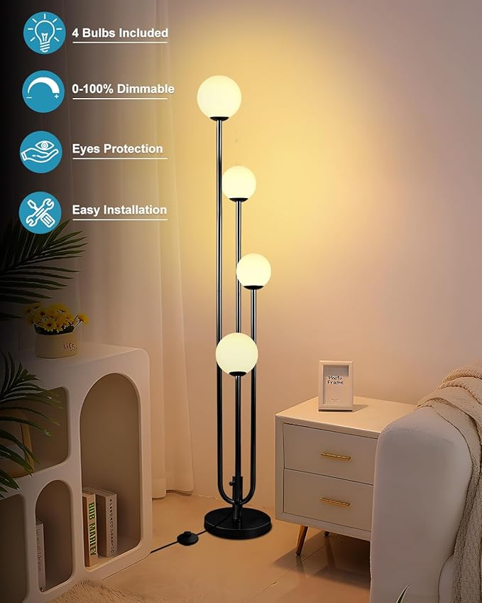 Lightdot Black Globe Floor Lamp 4-Lights Dimmable Floor Lamps with Tray 3000K Bulbs Included Unique Candle Mid Century Tall Standing Lamp with 5Lbs Heavy Base for Living Room/Bedroom/Sofa Beside