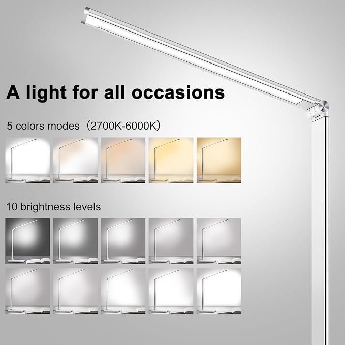 AFROG Multifunctional LED Desk Lamp with USB Charging Port, 5 Lighting Modes,5 Brightness Levels, Sensitive Control, 30/60 min Auto Timer, Eye-Caring Office Lamp，8W，5000K