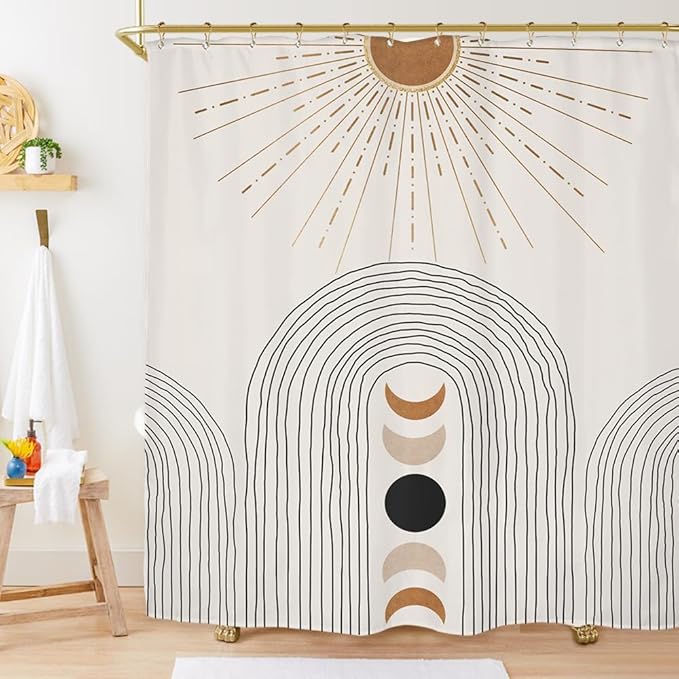 Miyotaa Abstract Sun Moon Phase Shower Curtain Set 60Wx71H Inches Minimalist Modern Contemporary Aesthetic Sunshine Polyester Waterproof Cloth Bathroom Curtain with 12 Hooks