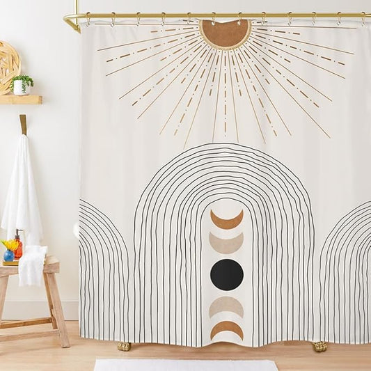 Miyotaa Abstract Sun Moon Phase Shower Curtain Set 60Wx71H Inches Minimalist Modern Contemporary Aesthetic Sunshine Polyester Waterproof Cloth Bathroom Curtain with 12 Hooks
