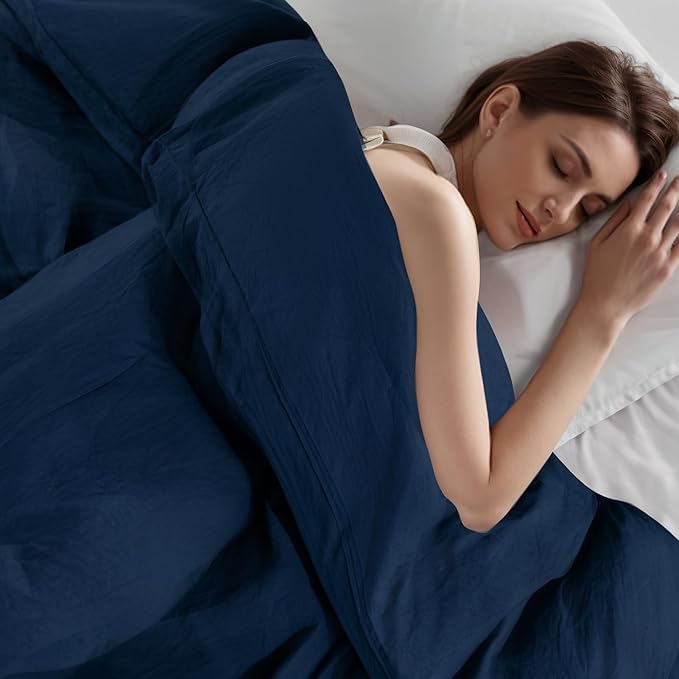 NEXHOME PRO Queen Duvet Cover Set, 100% Certified Organic Cotton with Washed Feel & Linen-Like Texture, Comfortable & Breathable, Home Bedding Set Navy (No Comforter)