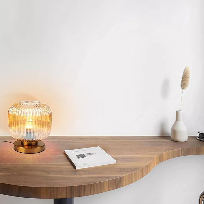 Modern Table Lamps Gold Table lamp Amber Ribbed Glass Shade Desk lamp Bedside Table lamp nightstand lamp Small Table lamp for Bedroom Living Room Office end Table Side