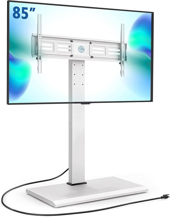FITUEYES Iron Base Floor TV Stand with Power Strip, Tall TV Stand with Swivel Mount for 50-85 Inch Plasma Flat Panel or Curved Screen TVs Height Adjustable Wire Management(White,with Power Outlet)