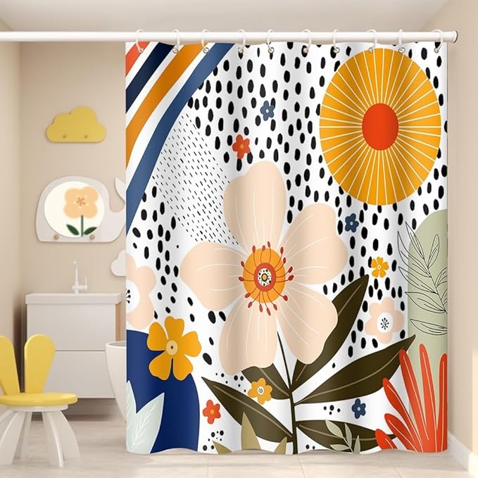 Colorful Boho Bathroom Shower Curtain - Pink Floral Sun Abstract White Spots Aesthetics Art Decor, Washable Polyester Durable Fabric with Hooks, 69x70 Inch