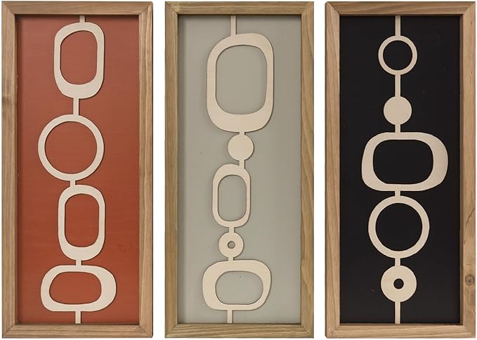 pechpell 3 Set Of Mid Century Modern Wall Art Wooden Framed, Modern Boho 3D Abstract Geometric Mcm Wall Hanging For Living Room, Bedroom, Entryway, Home Office, Earth Tone Minimalist Decor