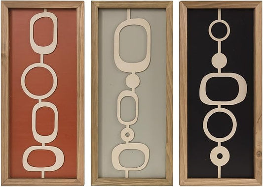 pechpell 3 Set Of Mid Century Modern Wall Art Wooden Framed, Modern Boho 3D Abstract Geometric Mcm Wall Hanging For Living Room, Bedroom, Entryway, Home Office, Earth Tone Minimalist Decor
