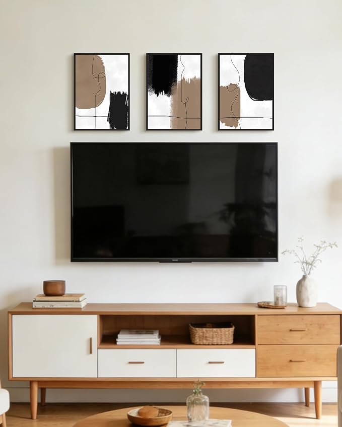 KUVIOKE Neutral Abstract Framed Wall Art Beige Mid Century Textured Wall Decor Minimalist Line Modern Illustrations Art Print Home Decor 11x14in (Black Framed)