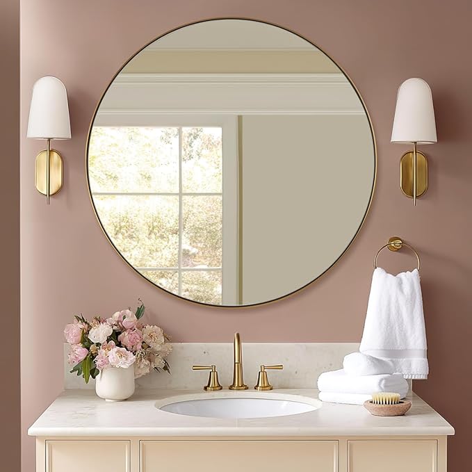 ANDY STAR Gold Round Mirror, Large Brushed Gold Round Bathroom Mirror, Brass Circle Mirror 32 inch, Modern Vanity Mirror in Stainless Steel Metal Frame for Home Decor, Entryway, Living Room