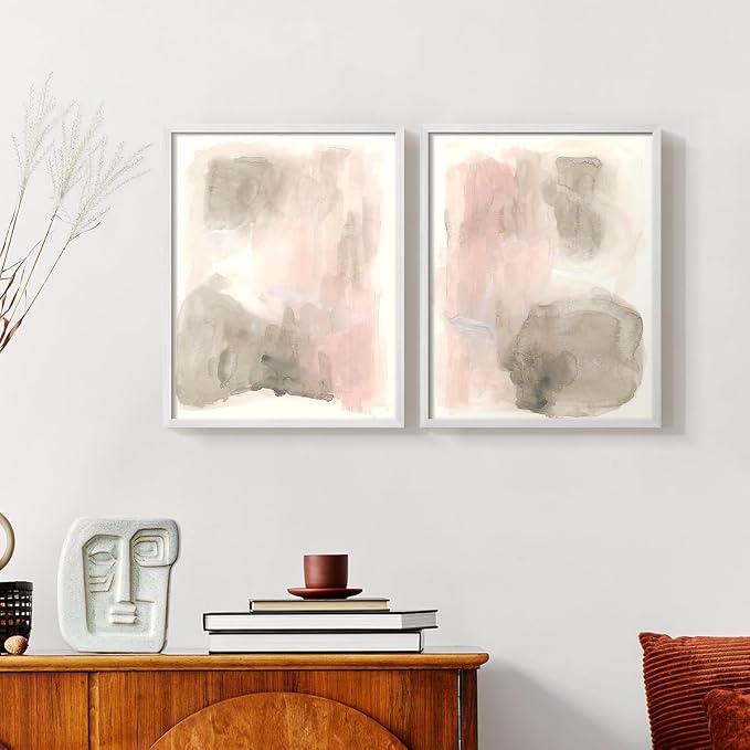 Renditions Gallery Set of 2 Peel & Stick Framed Prints, Watercolor Abstract Wall Art, Nude Color Neutral Aesthetic Wall Decor, Re-Stickable - Ready to Hang - 11"x14" - White Frame LT588