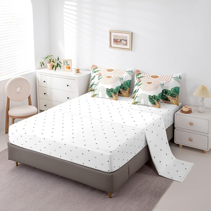 Erosebridal Pink and Green Boho Full Comforter Set with Sheets 7 Piece Aesthetic Mid Century Bed in A Bag Simple Line Botanical Leaf Art Bedding Sets for Women Modern Minimalist Tropical Bed Set