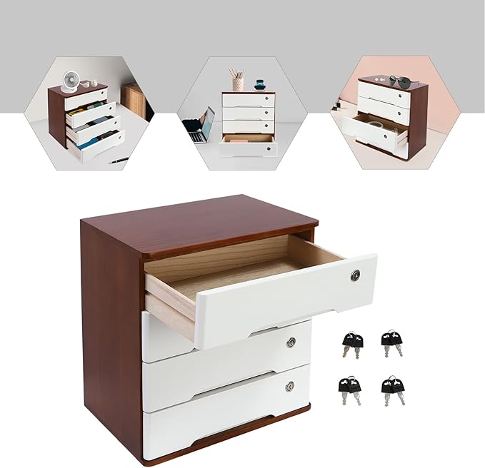 Desktop File Organizer with Lock, 2/3/4 Tier Multi-Drawer Wooden Storage Cabinet, Office Supply Organizer for Home Desk, Study & Workplace (Wine Red + White, 4 Layers)