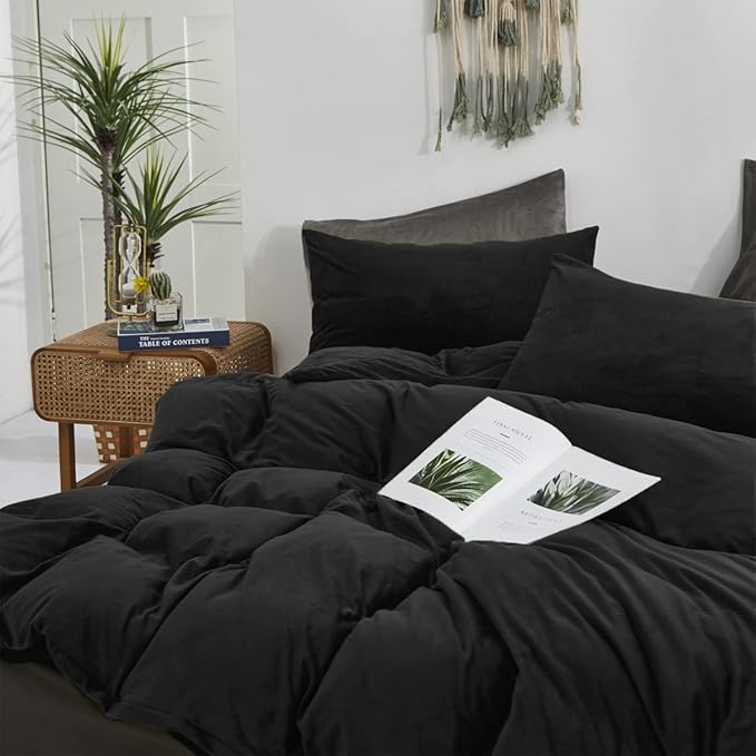 Pureant Black Velvet Comforter Sets Full Solid Black Fluffy Bedding Comforters Women Men Plain Dark Color Flannel Quilt Modern Minimalist Blanket Micromink Sherpa Plush Bed